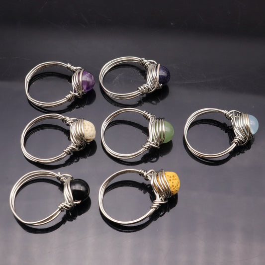 Hand Craft Wire Wrapped Stone Circle Finger Rings Reiki Healing Natural Amethysts Agates Lava Quartz Rings Party Wedding Jewelry