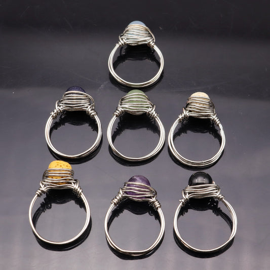 Hand Craft Wire Wrapped Stone Circle Finger Rings Reiki Healing Natural Amethysts Agates Lava Quartz Rings Party Wedding Jewelry