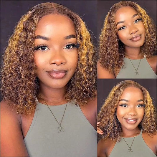 Highlight Color Short Bob Wigs Deep Curly 13x4 Lace Frontal Wigs Brazilian Human Hair Deep Wave Ombre Color Full Frontal Bob Wig