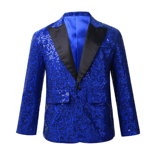 Kids Boys Stylish Sequins Suit Lapel One Button Jacket Coat Wedding Banquet Party Modern Jazz Dancing Performance Blazer Tuxedo