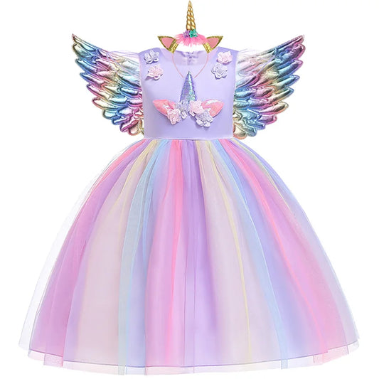 New Girl Rainbow Unicorn Dress For Kids Embroidery Ball Gown Baby Girl Princess Birthday Dresses Party Costume Children Clothing