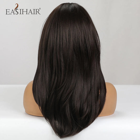 EASIHAIR Dark Brown Black Synthetic Wigs with Bangs Medium Straight Layered Natural Hairs for Women Daily Cosplay Heat Resistant