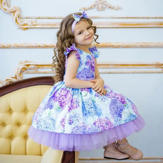 New Girls Dress With Headdress Bow Print Small Fly Sleeve Holiday Wedding Christmas Girls Princess Dress