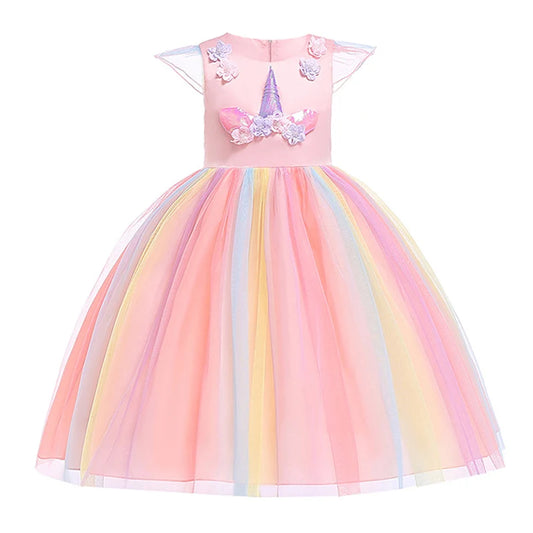 New Girl Rainbow Unicorn Dress For Kids Embroidery Ball Gown Baby Girl Princess Birthday Dresses Party Costume Children Clothing