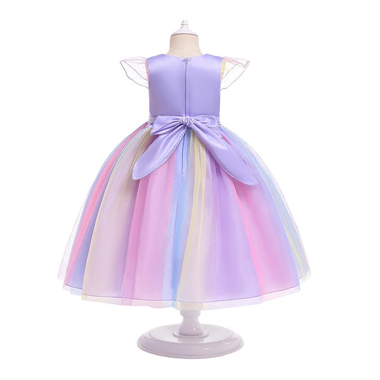 New Girl Rainbow Unicorn Dress For Kids Embroidery Ball Gown Baby Girl Princess Birthday Dresses Party Costume Children Clothing