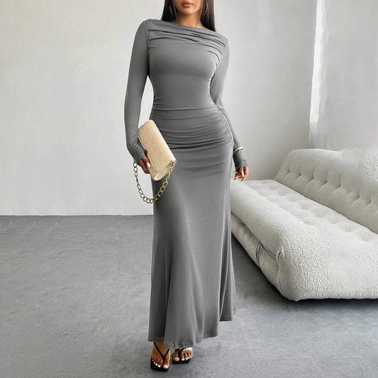 Women's Autumn And Winter Solid Color One Shoulder Package Hip Dress Long Sleeve Slim Dresses elegant pleated long vestidos