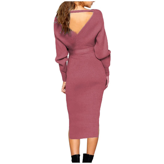 Women's V-Neck Sweaters Dresses Sexy Wrapped Backless Split Long Knitted Dress With Belt Autumn Winter Streetwear Sweater Dress