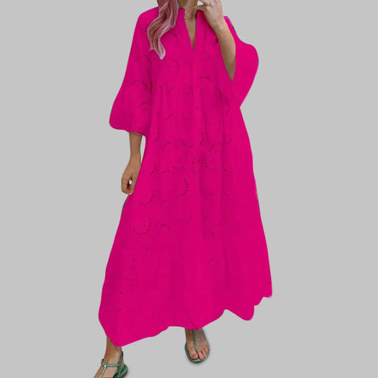 Women'S Casual Long Dress Solid French V-Neck Flared Sleeve Maxi Dresses Lace Hollow Out Cotton Sexy Long Vestidos Summer платье