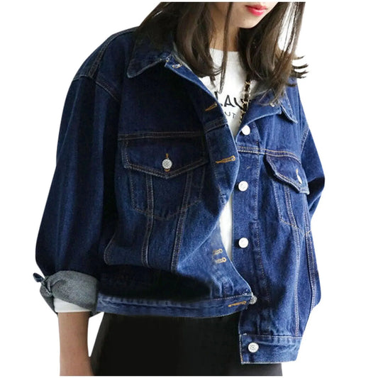 Women Denim Jacket Spring Autumn Coat Vintage Jean Jackets Casual Loose Fit Solid Color Button Tops Lady Temperaments Outerwear