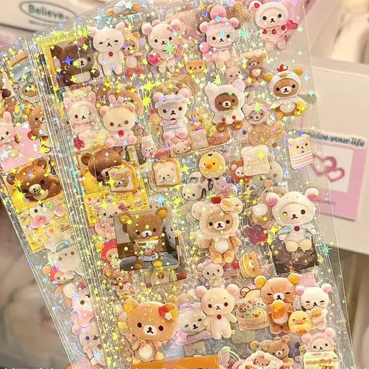 5pcs Lovely Hello Kitty Rilakkuma Cartoon Die-cutting Sticker Cute Cat Flashing Laser Stickers Anime Handbooks Material Stickers