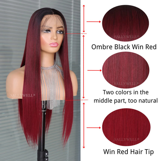 13x4 Burgundy Straight Lace Front Wig 3T Color Wig  With Natural Hairline Heat Resistant Fiber Hair Synthetic Wig Pre Plucked