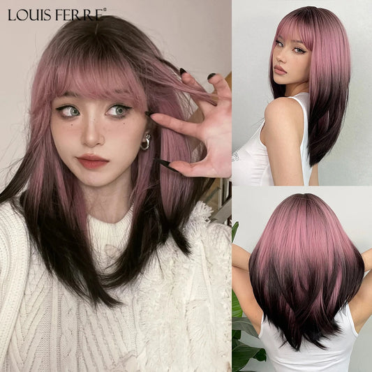 LOUIS FERRE Black Pink Ombre Synthetic Wigs for Cosplay Long Straight Layered Wigs with Bangs for Women Heat Resistant Fake Hair