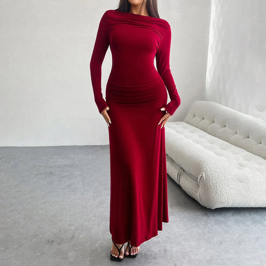 Women's Autumn And Winter Solid Color One Shoulder Package Hip Dress Long Sleeve Slim Dresses elegant pleated long vestidos