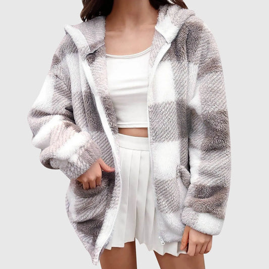 Winter Plaid Loose Casual Down Jacket For Women Long Sleeve Hooded Fleece Jacket With Pockets Plus Size Womens Warm Outerwears