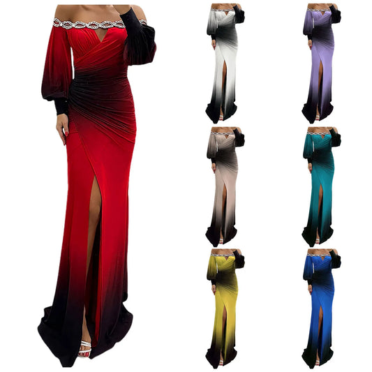 Womens Sexy Off Shoulder Prom Gowns Elegant Tie Dye Printed Bodycon Split Party Long Dresses Clubwear Rhinestone Luxury Dress