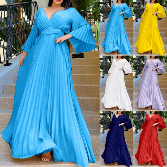 Women's Elegant White Evening Dress Deep V Neck Flare Sleeve Pleated Wedding Guest Dress With Belt Formal Dresses For Women