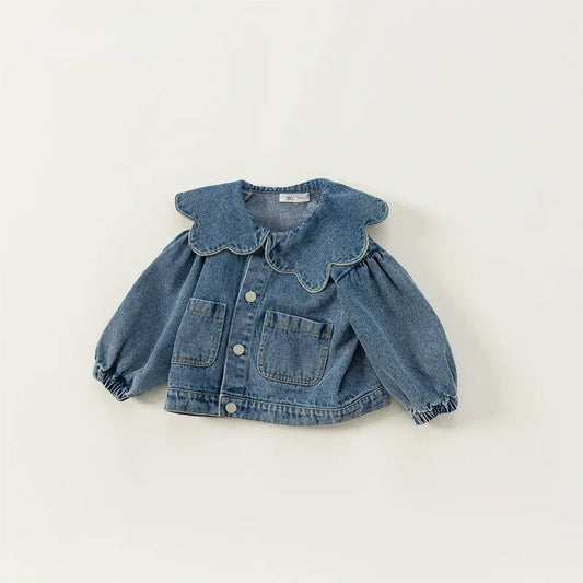 Korean Style Spring Autumn Kids Girl Denim Coat Ruffle Collar Long Sleeve Outerwear Children Fashion Versatile Clothes E82075