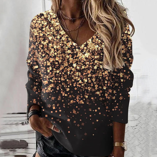 Women Fashion Printed Long Sleeve Tops Sexy V Neck Tunic Oversized T Shirt Glitter Female Spring Basic Blouse Casual Ladies Top