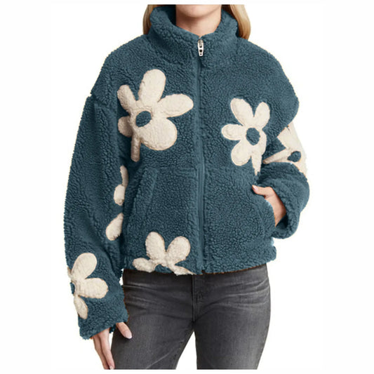 Womens Casual Floral Fleece Jackets Winter Zipper Cropped Plush Coat Female Long Sleeve Lamb Wool Outwears With Pocket Chaquetas