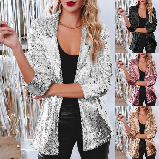 Women Elegant Sequins Suit Jackets Long Sleeve Glitter Party Shiny Lapel Suit Coat Rave Outerwear Women Club Wear Blazers Jacket