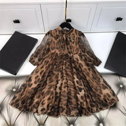 New girls' dress baby girl autumn socialite style leopard print big swing girl dress long sleeved princess dress