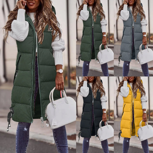 Winter Fashion Women Hood Thick Cotton Parkas Mid-length Long Down Jacket Vest Loose Outerwear Quality Warm Female Clothing