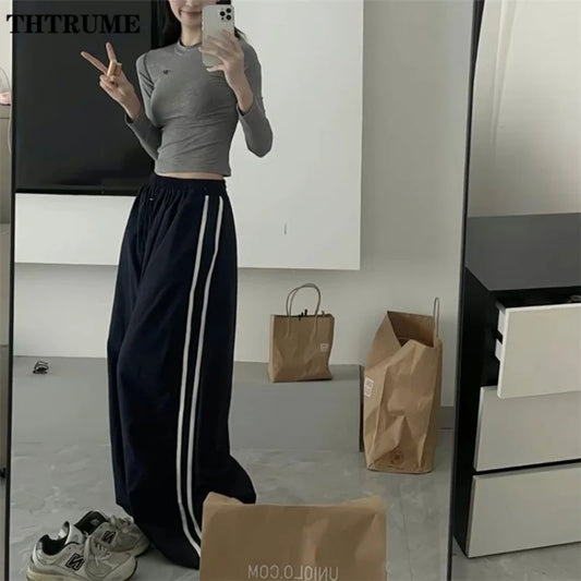 Oversized Hip Hop Baggy Pants Fashion Women Striped Pocket Elastic High Waist Cargo Pant Streetwear Sweatpant Loose New Trousers