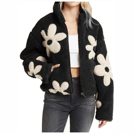 Womens Casual Floral Fleece Jackets Winter Zipper Cropped Plush Coat Female Long Sleeve Lamb Wool Outwears With Pocket Chaquetas