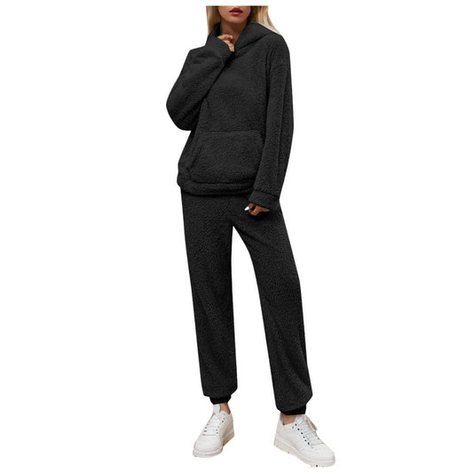 Women Winter Solid Hooded Outfits Long Sleeves Patch Pocket Casual Pants Home Two Piece Set Women Clothing Pantalones De Mujer