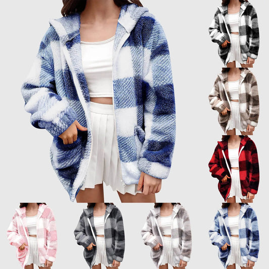 Winter Plaid Loose Casual Down Jacket For Women Long Sleeve Hooded Fleece Jacket With Pockets Plus Size Womens Warm Outerwears