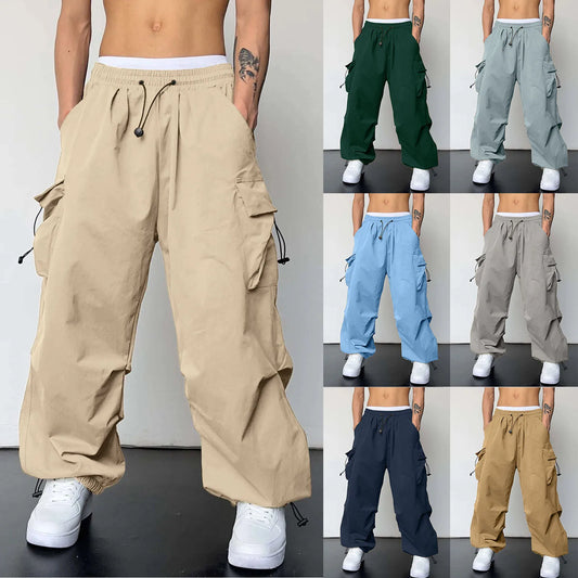 Mens Oversize Cargo Pants Korean Fashion Solid Color Streetwear Tie Up Jogging Long Pants Mens Versatile Harem Pants Y2k Clothes