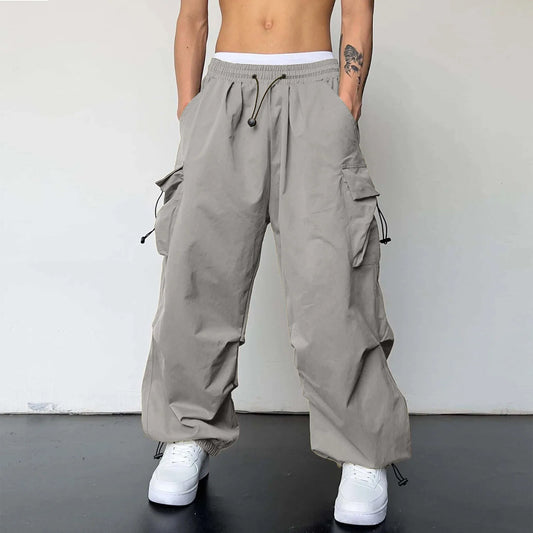 Mens Oversize Cargo Pants Korean Fashion Solid Color Streetwear Tie Up Jogging Long Pants Mens Versatile Harem Pants Y2k Clothes