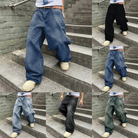 Men's Baggy Hip Hop Jeans Loose Fit Wide Leg Skater Denim Pants Casual Korean Fashion Long Trousers Streetwear Dark Blue Black