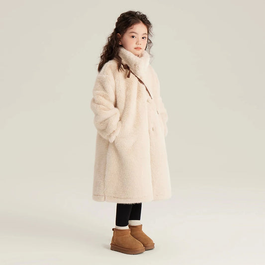 Children Winter Outerwear Luxurious Faux Fur Mink-Style Coat Girls Off White Thick and Warm Hood and Pockets Coats