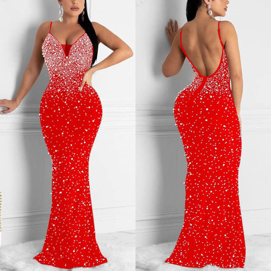 Women's Sexy Hot Drill Prom Dresses Elegant Spaghetti Strap Bodycon Mermaid Dress Female Shiny Beads Luxury Dress Vestidos