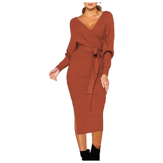 Women's V-Neck Sweaters Dresses Sexy Wrapped Backless Split Long Knitted Dress With Belt Autumn Winter Streetwear Sweater Dress