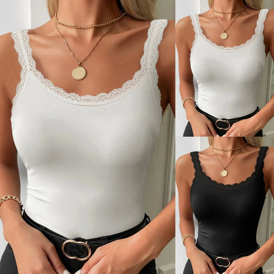 Women Sleeveless Tank Tops Solid Strap Splice Lace Tee Shirt Blouse Spring Summer Padded Jacket Tanks Plus Size Crop Tops 4xl