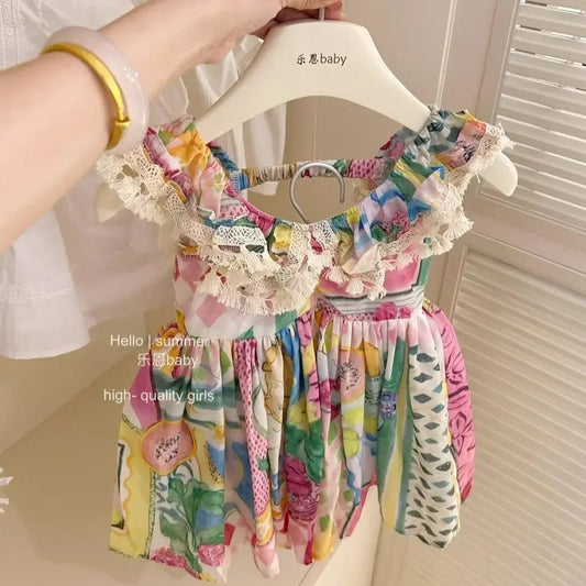 Korean Childrens Wear 2024 Summer New Sweet Cartoon Dress Girls Lace Colorful Tank Top Dress Princess Dress