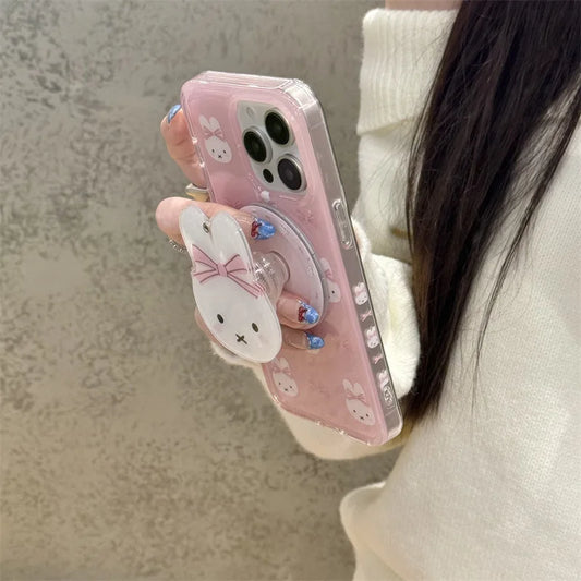 Miffy Cute Cartoon Magsafe Wireless Charge Case For iPhone 13 14 15 16 Pro Max Rabbit Rotate Make Up Mirror Magnetic Holder Gift