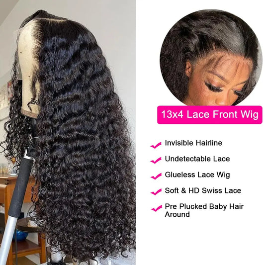 180% Deep Wave Frontal Wig 13x6 HD Lace Frontal Wigs For Women Water Wave Curly Lace Front Human Hair Wig 13x4 High Density 1B