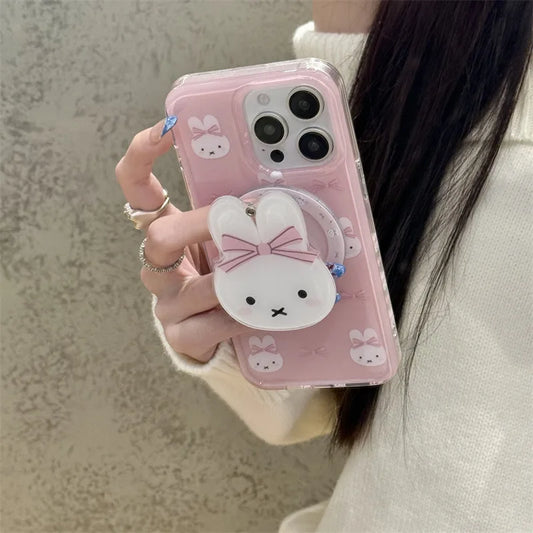 Miffy Cute Cartoon Magsafe Wireless Charge Case For iPhone 13 14 15 16 Pro Max Rabbit Rotate Make Up Mirror Magnetic Holder Gift