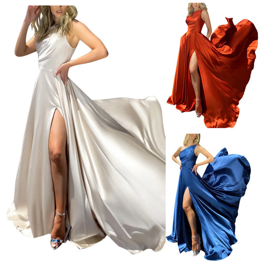 Women One Shoulder Elegant Party Dresses Woman Soft Solid Color Satin Split Prom Gowns Bridesmaid Dresses For Women فساتين سهرة