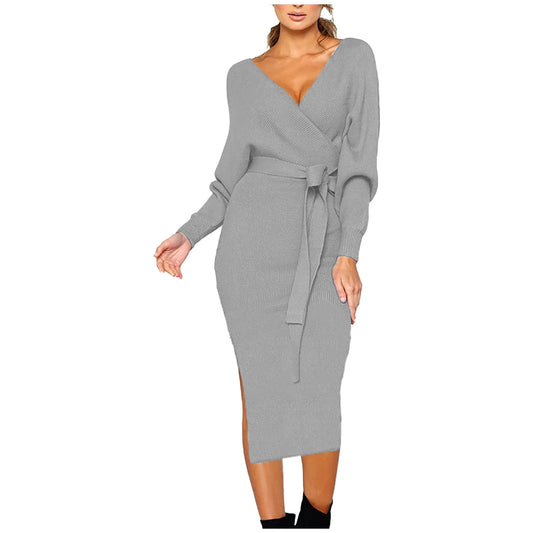 Women's V-Neck Sweaters Dresses Sexy Wrapped Backless Split Long Knitted Dress With Belt Autumn Winter Streetwear Sweater Dress