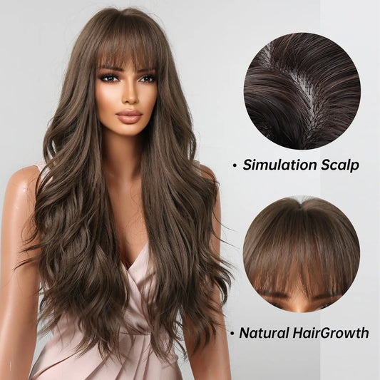 Brown Wavy Wigs for Women with Bangs Long Natural Synthetic Hair Wig Daily Cosplay Heat Resistant