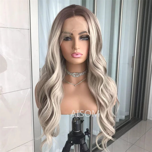 Body Wave Lace Front Wig Highlight Ash Blonde Lace Frontal Synthetic Wigs Pre Plucked Long Wavy Synthetic Lace Wig for Women