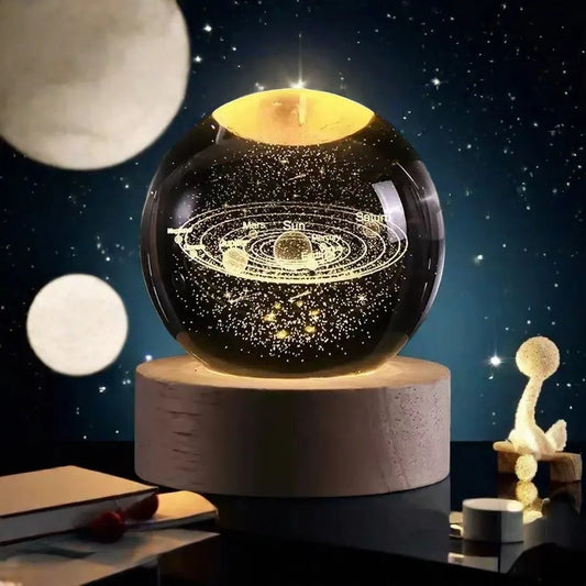 Small 3D Solar System Crystal Ball With LED Base, Night Light For Home Decoration, Gift For Astronomy Lovers