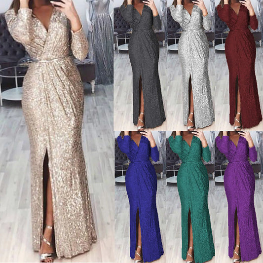 Women's Sexy Sequins Formal Dresses Long Sleeve V Neck Nightclub Bodycon Dresses With Slit Plus Size Sequins Bridesmaid Dress