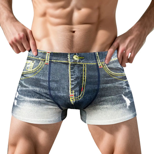 Men's Vintage Denim Printed Mid-Waist Boxer Shorts Breathable Flat Angle Underwear Comfortable Classic Men's Underpants Lingerie