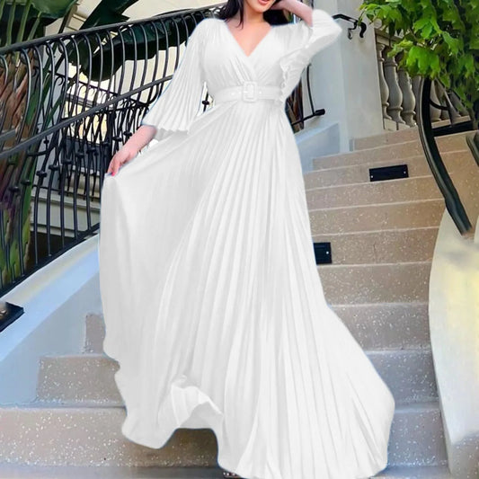 Women's Elegant White Evening Dress Deep V Neck Flare Sleeve Pleated Wedding Guest Dress With Belt Formal Dresses For Women