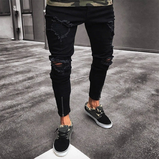 Men Slim Biker Zipper Denim Jeans High Street Elastic Jeans Frayed Pants Classic Embroidered Distressed Rip Denim Trousers